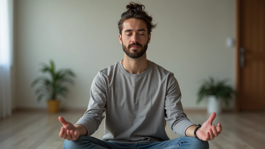Pessoa em sessão de treinamento de resiliência, ambiente calmo e profissional, exercício de respiração consciente